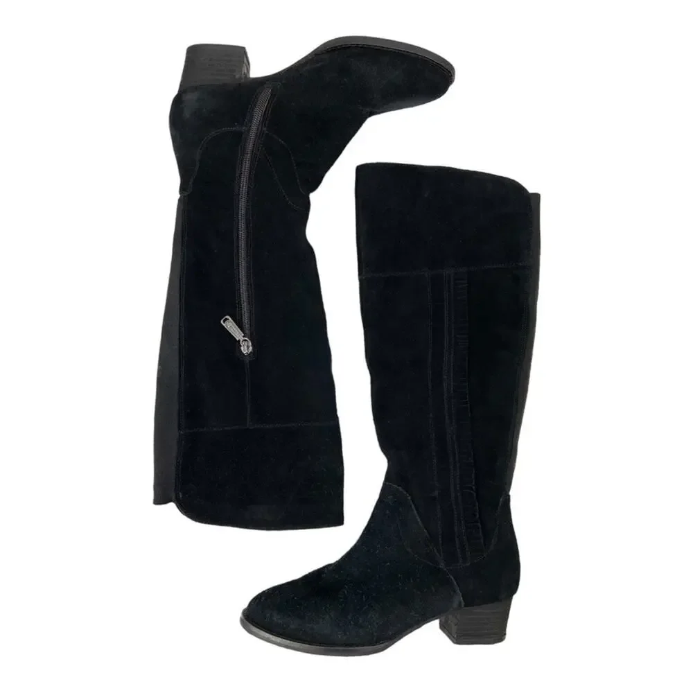 BLONDO Nestle Boots Knee High Suede‎ Ruffle Fringe Black Riding Waterproof 7.5